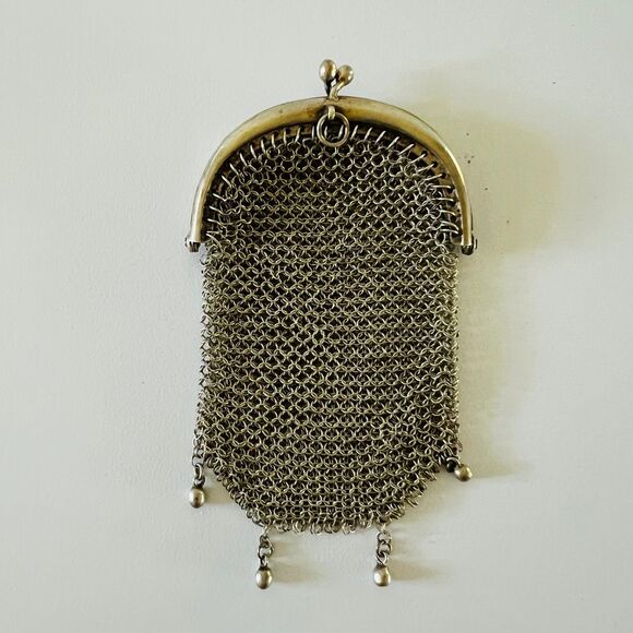 Antique French Art Deco Chainmail Mesh Silver Tassel Fringe Ball Coin Wallet - Picture 1 of 3